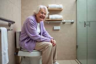 Femme senior souriante utilisant un siège de toilette moderne