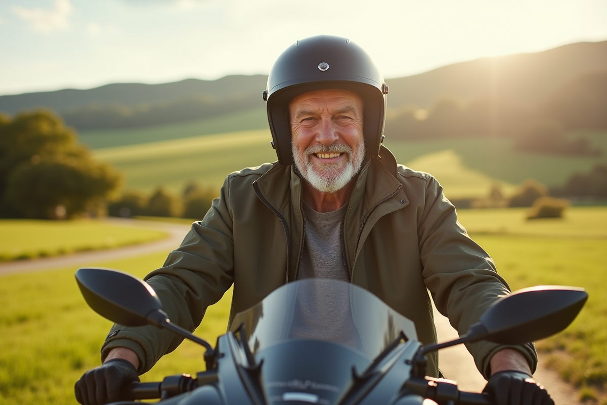 Senior homme souriant sur moto de tourisme en campagne