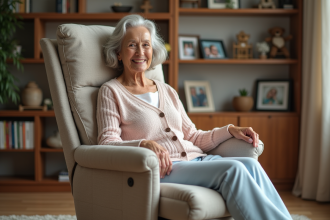 Femme âgée se levant d'un fauteuil releveur confortable