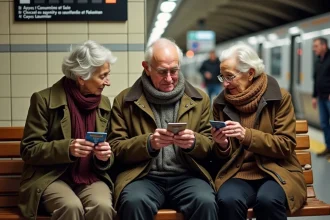 Trois seniors discutent avec leurs passes dans le métro parisien