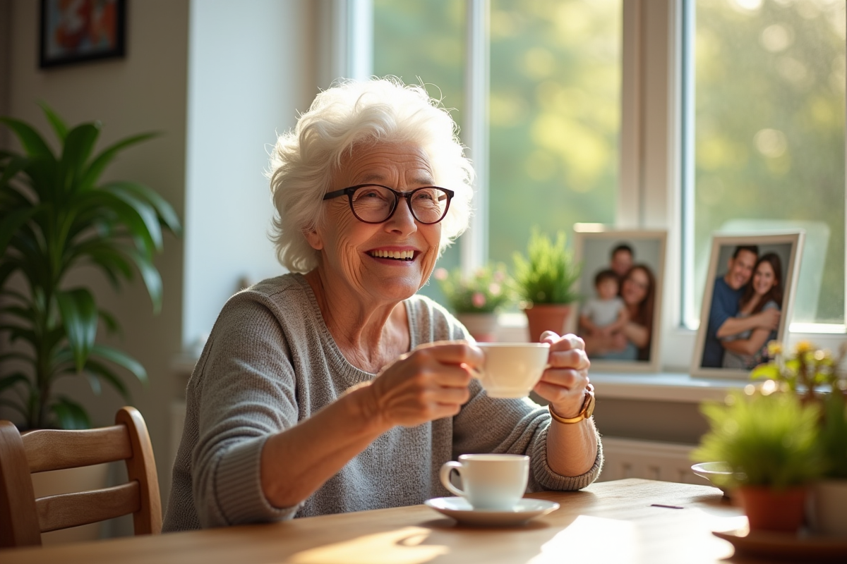 Femme agee souriante buvant du thé dans la cuisine