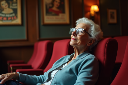 Femme senior élégante dans un théâtre vintage contemplant une affiche