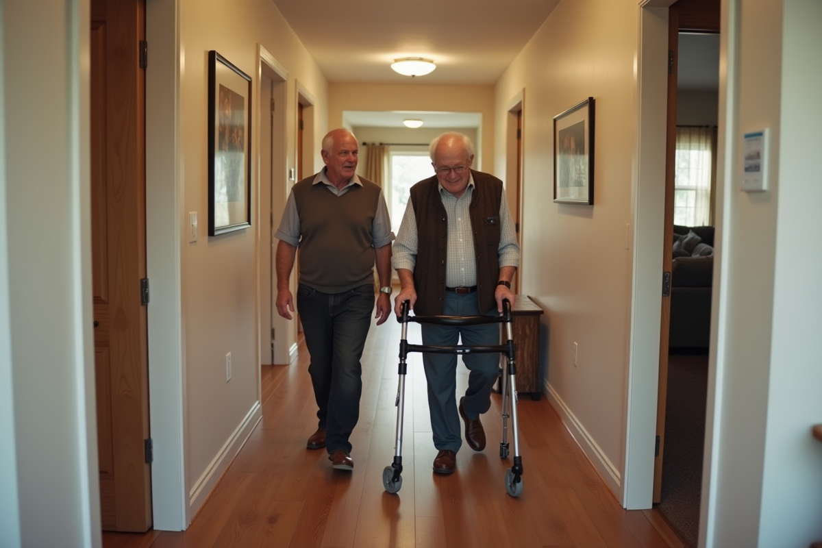 Homme âgé avec son fils dans un intérieur chaleureux