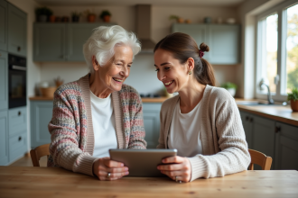Seniorelle souriante utilisant une tablette dans la cuisine