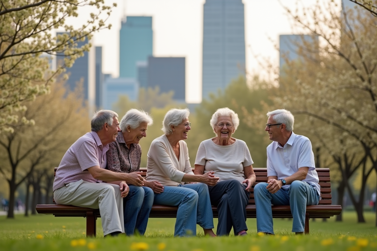 Groupe de seniors souriants dans un parc urbain ensoleille
