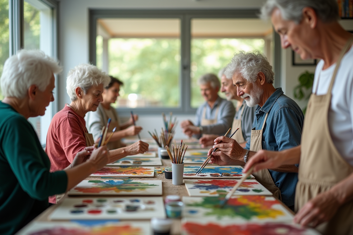 Seniors peignant dans un centre artistique lumineux et créatif