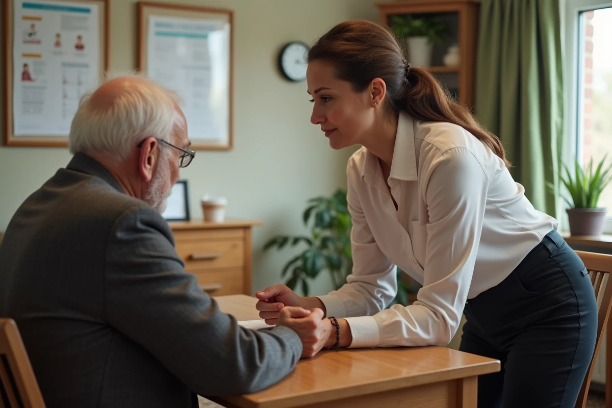 Assistante sociale en discussion avec un senior dans une salle