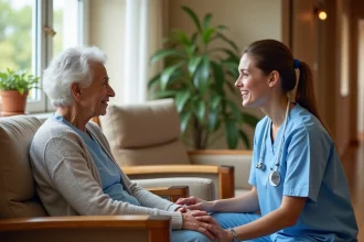 Soignante en discussion respectueuse avec une résidente âgée dans un établissement de soin, illustrant les bonnes pratiques de la charte de la personne âgée
