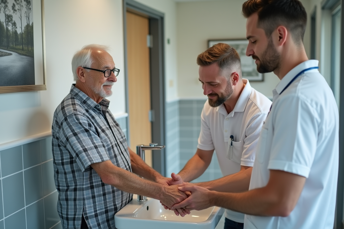 Professionnel aidant une personne agee à se laver les mains
