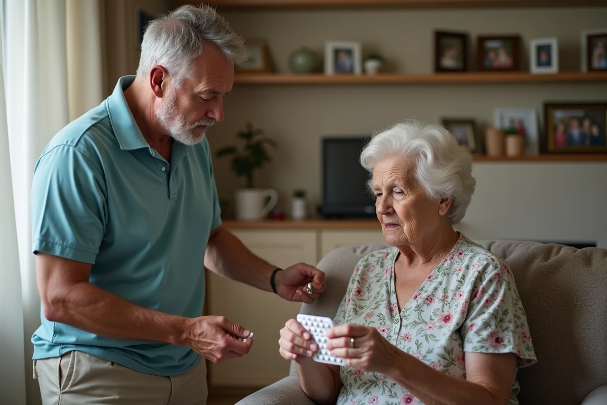 Un homme âgé regarde un pack de médicaments avec un aidant