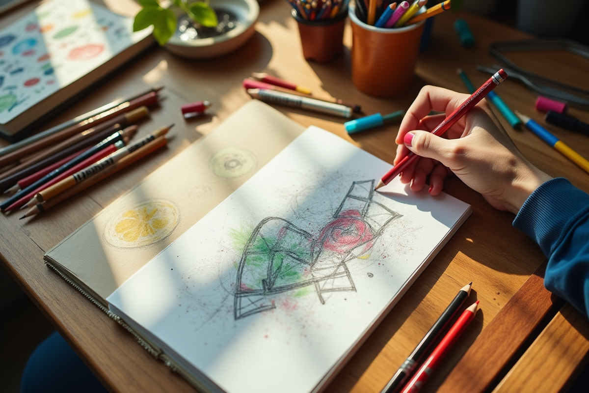 Plan de dessus d une table avec fournitures artistiques