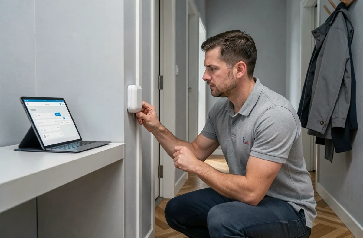 Technicien installant un capteur de télégestion à domicile dans le couloir d'un appartement moderne