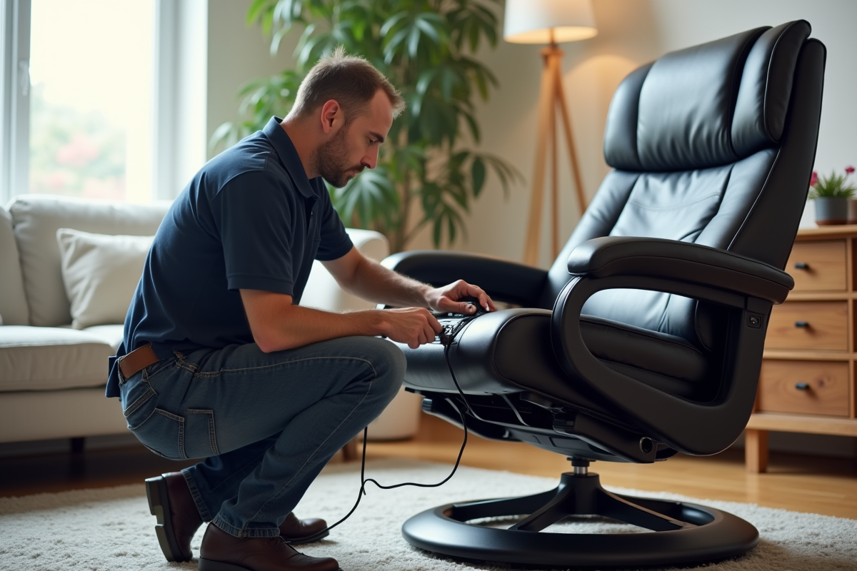 Technicien inspectant un fauteuil releveur moderne dans un salon lumineux