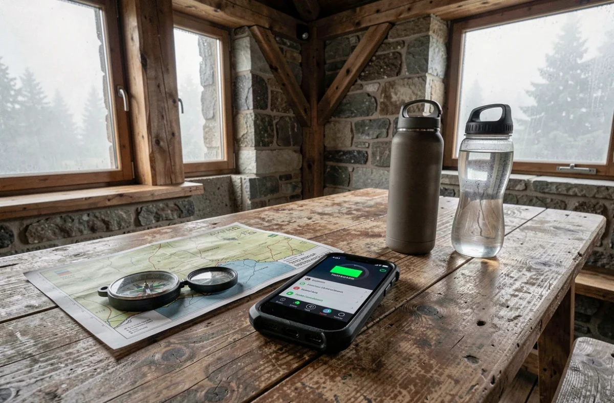 Téléphone mobile robuste avec grande autonomie posé sur une table en bois dans un refuge de montagne