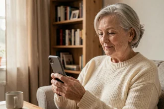 Femme senior tenant un téléphone mobile simple à grandes touches dans un salon chaleureux