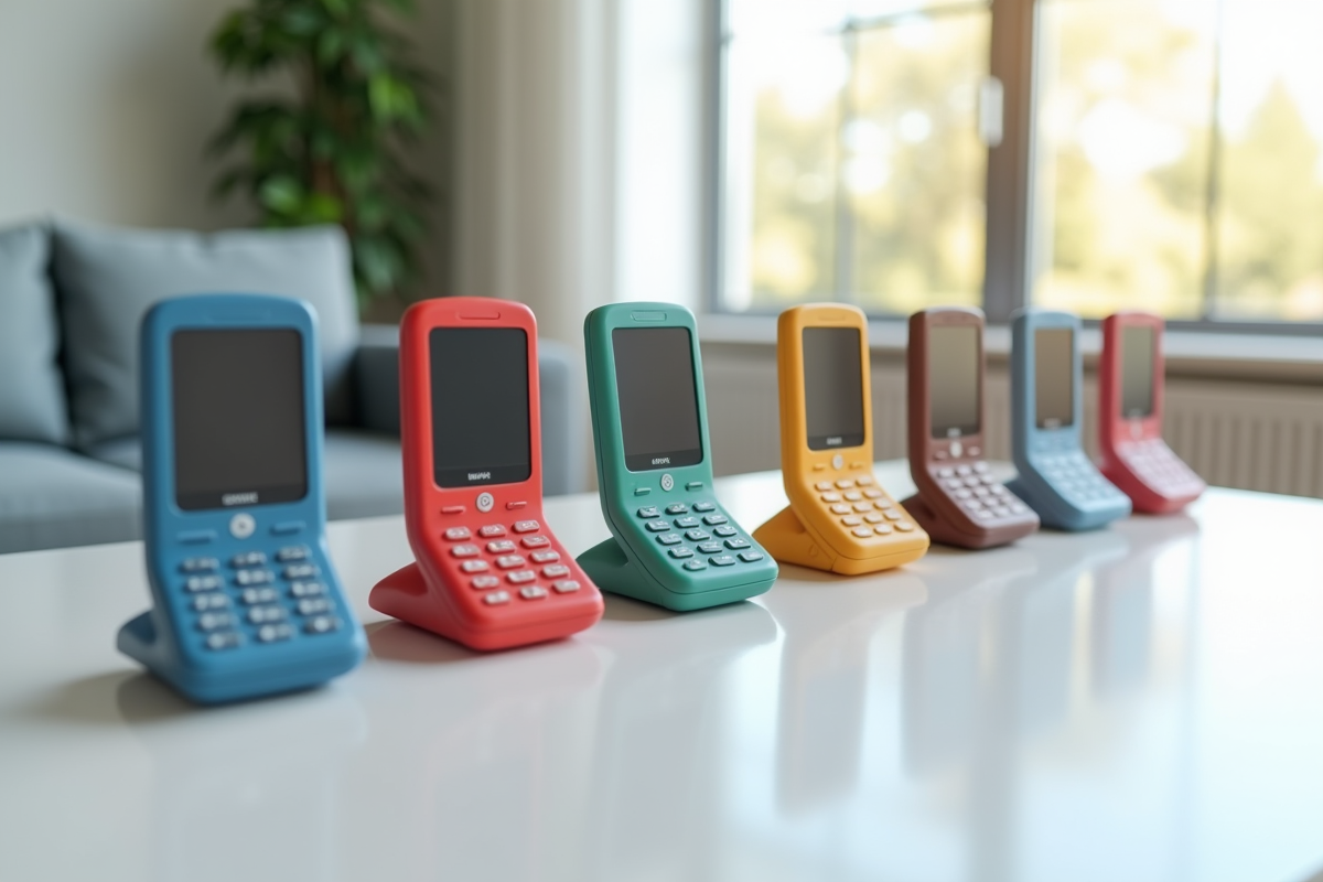Groupe de telephones colorés avec boutons physiques sur une surface blanche