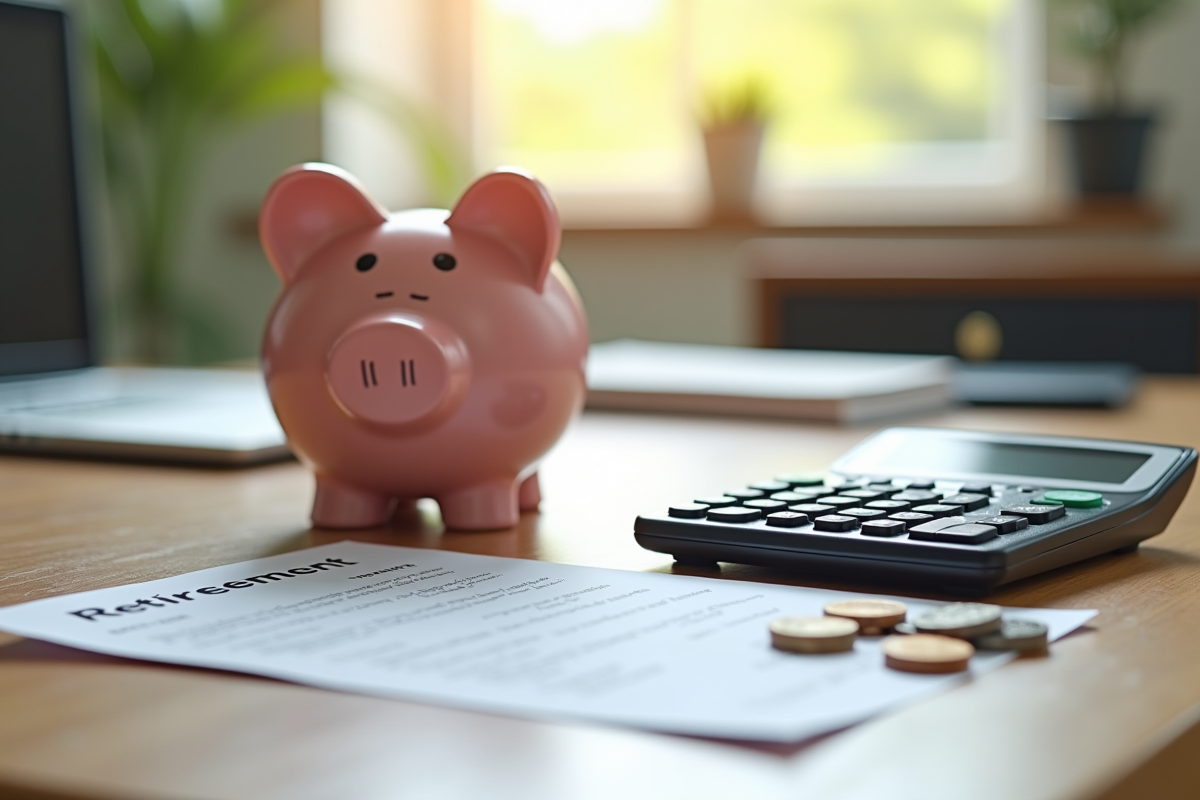 Tirelire et calculatrice sur un bureau lumineux