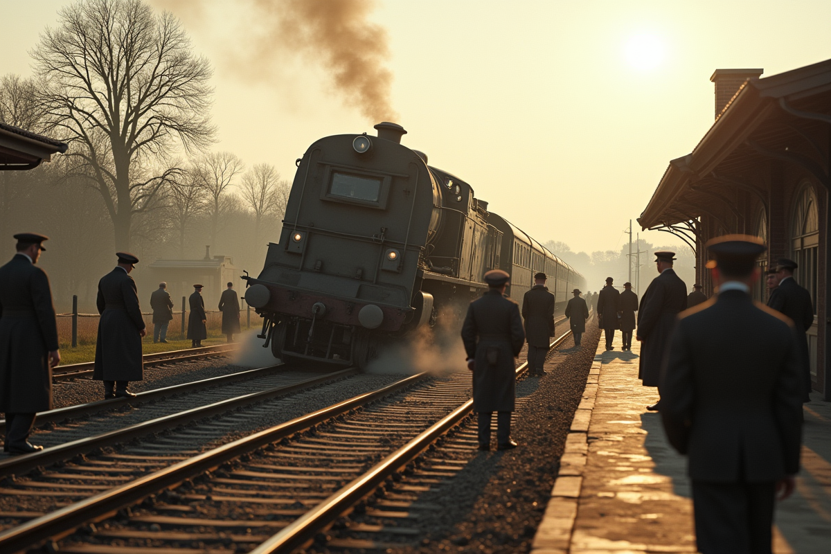 Train à vapeur français vintage déraillé en campagne