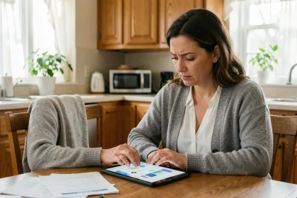 Tutrice débutante consultant l'application Mon Proxima sur une tablette à la maison pour obtenir une aide juridique