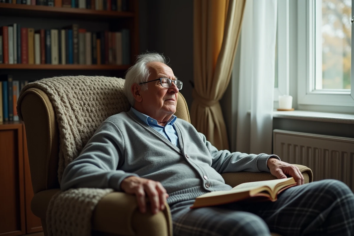 Homme âgé endormi profondément dans un fauteuil avec un livre, illustrant le sommeil accru associé aux signes de fin de vie