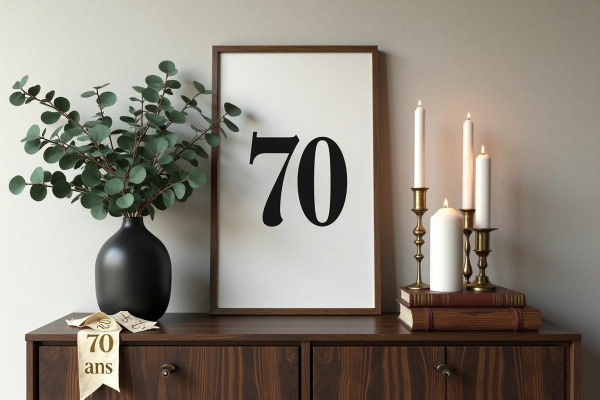 Vignette décorative anniversaire 70 ans homme avec affiche typographique, eucalyptus et bougies en laiton