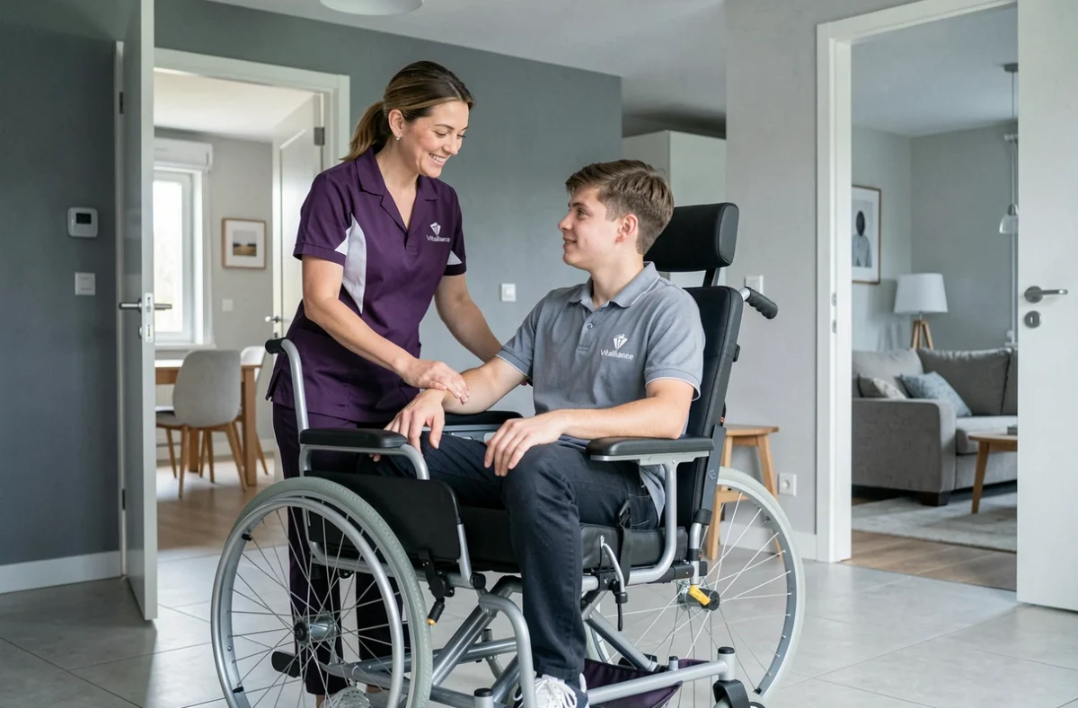Une auxiliaire de vie Vitalliance accompagne un adulte en situation de handicap dans son appartement adapté