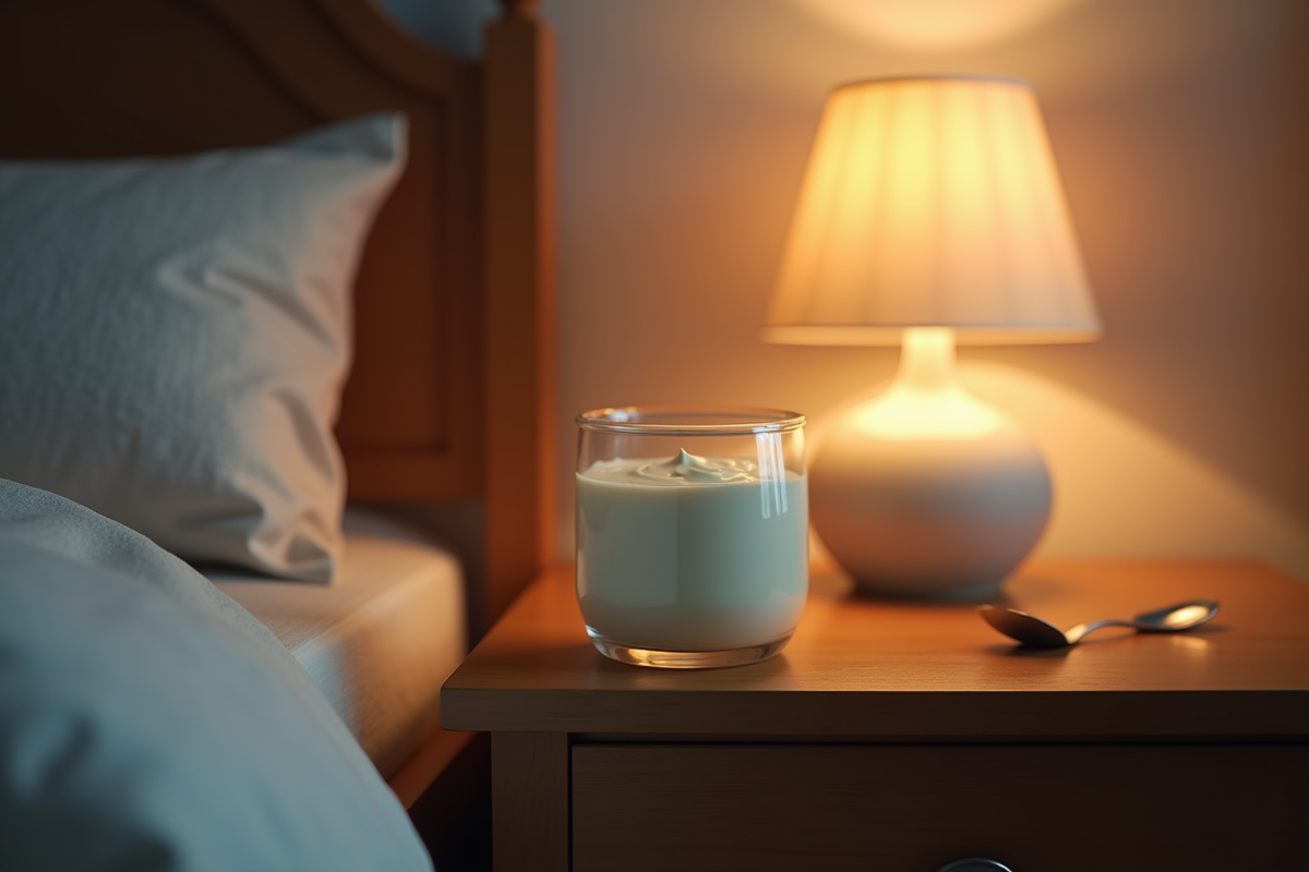 Petit pot de yaourt crémeux sur une table en bois avec lampe douce