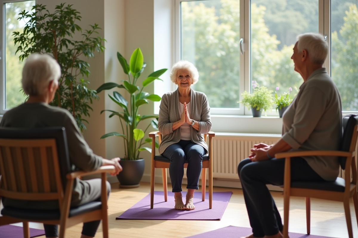 Femme âgée guidant une séance de yoga assis pour seniors